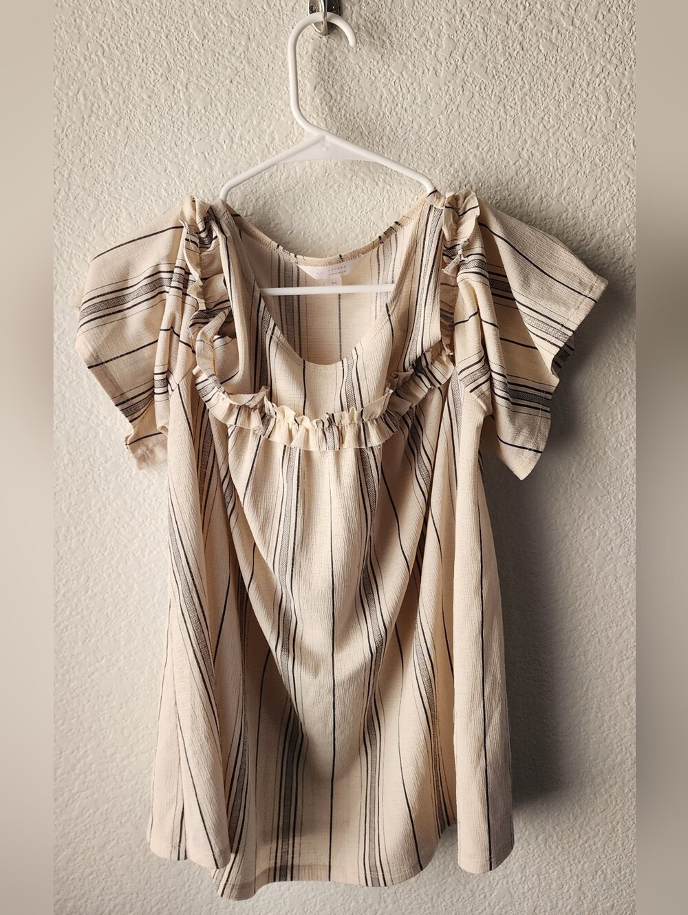 LC Lauren Conrad Cold Shoulder Cream Striped Ruffle Yoke Blouse